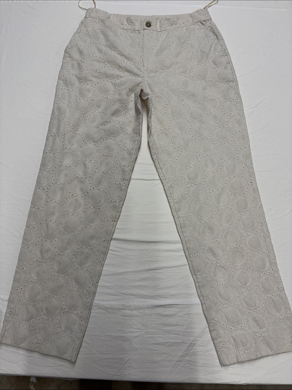 Straight-Leg Eyelet Jeans in Light Beige
